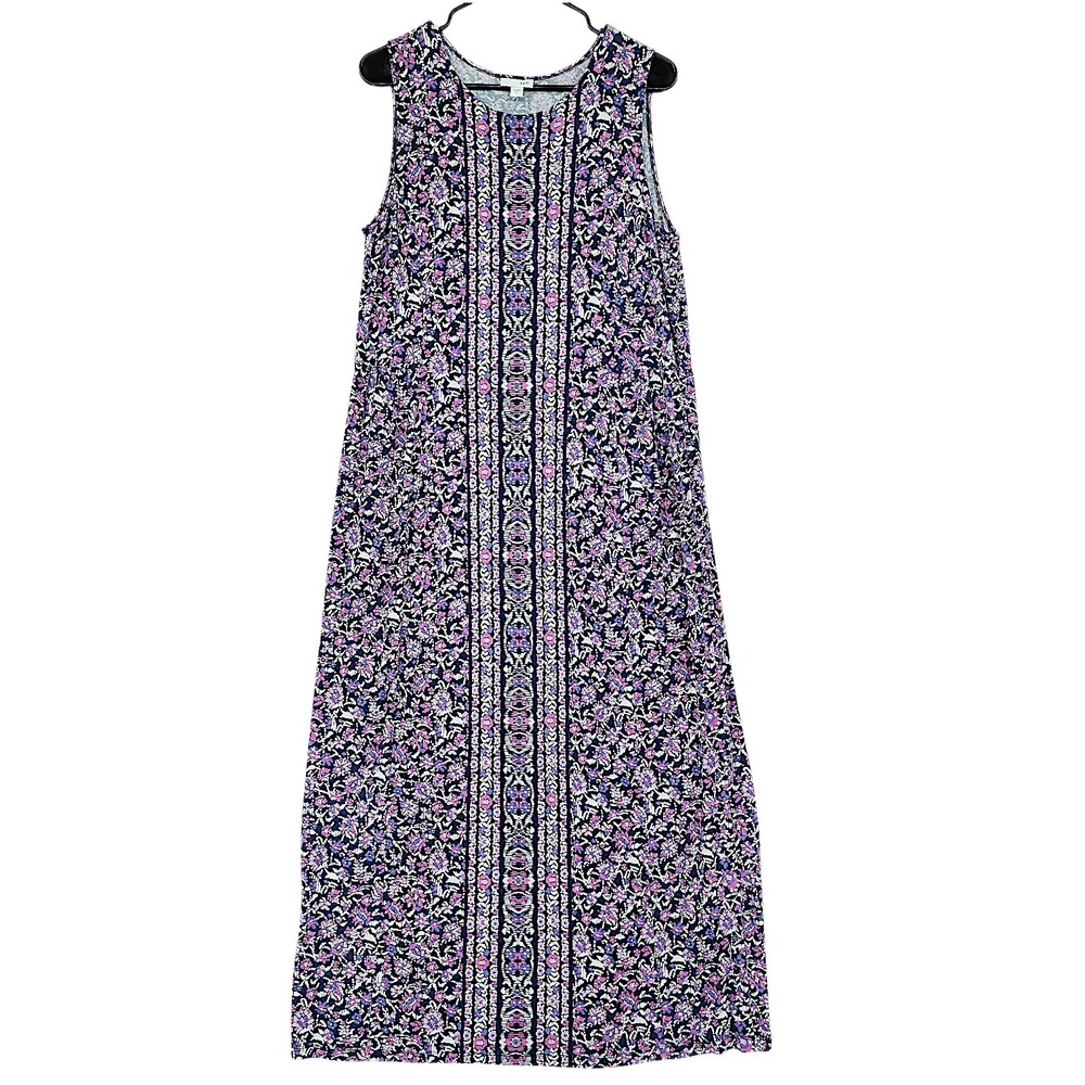 J Jill Maxi Dress M Floral Purple Jersey Shift Sleeveless Beach Resortwear 53" - Picture 1 of 13